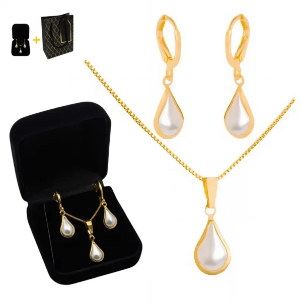 Conjunto Colar e Brincos Dourados com Pérola